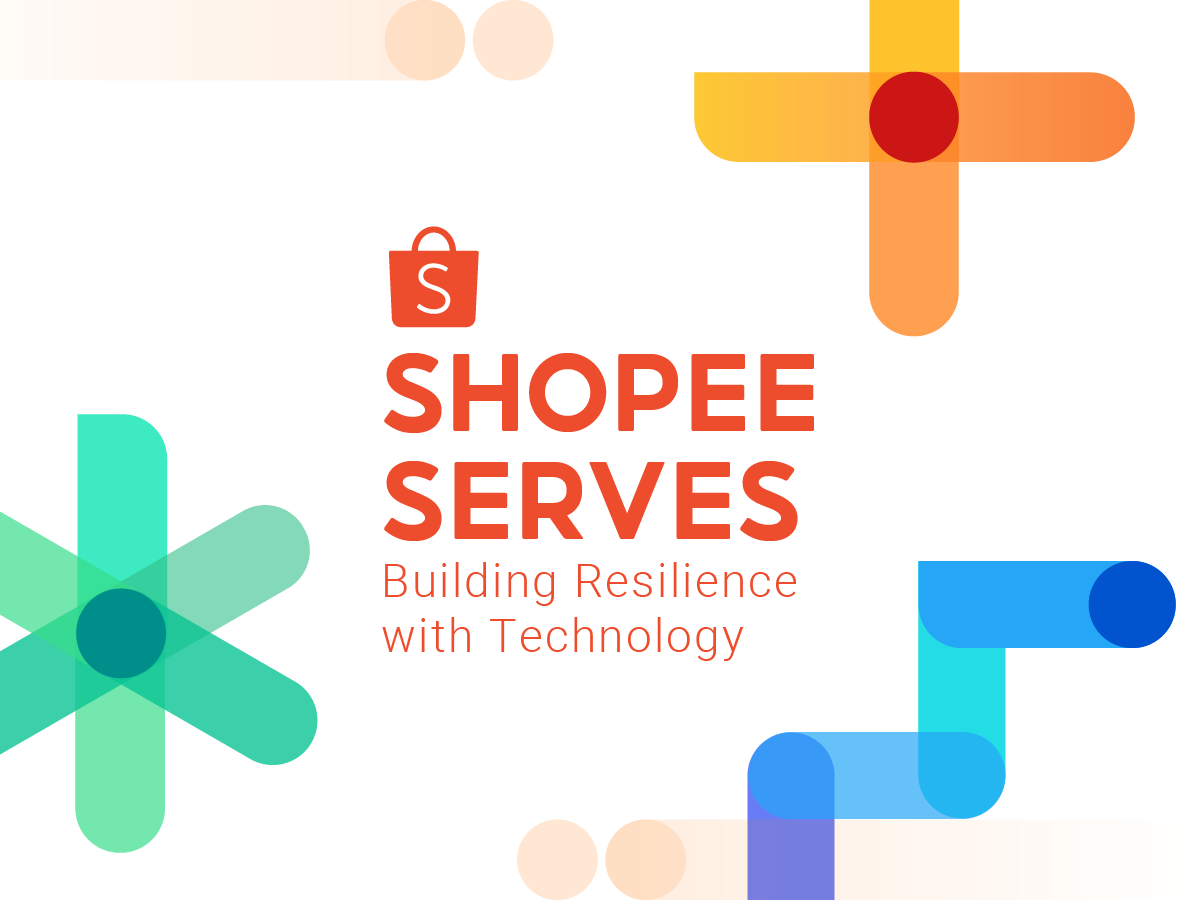 Shopee Serves key visual — Shopee Serves wordmark centred among spinning, rolling accent shapes on white